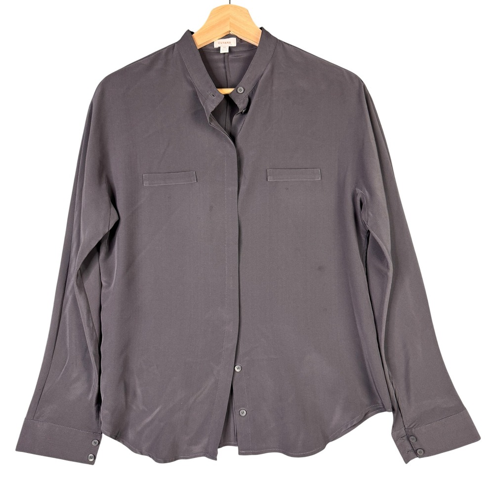 Cuyana Silk Band Collar Shirt Charcoal Grey Long Sleeve Blouse Medium